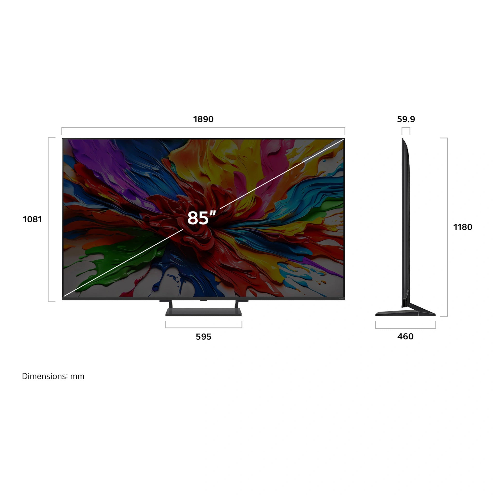 LG 85 Inch QNED evo AI Mini LED QNED93A 4K Smart TV 85QNED93ASA, Dimensions View