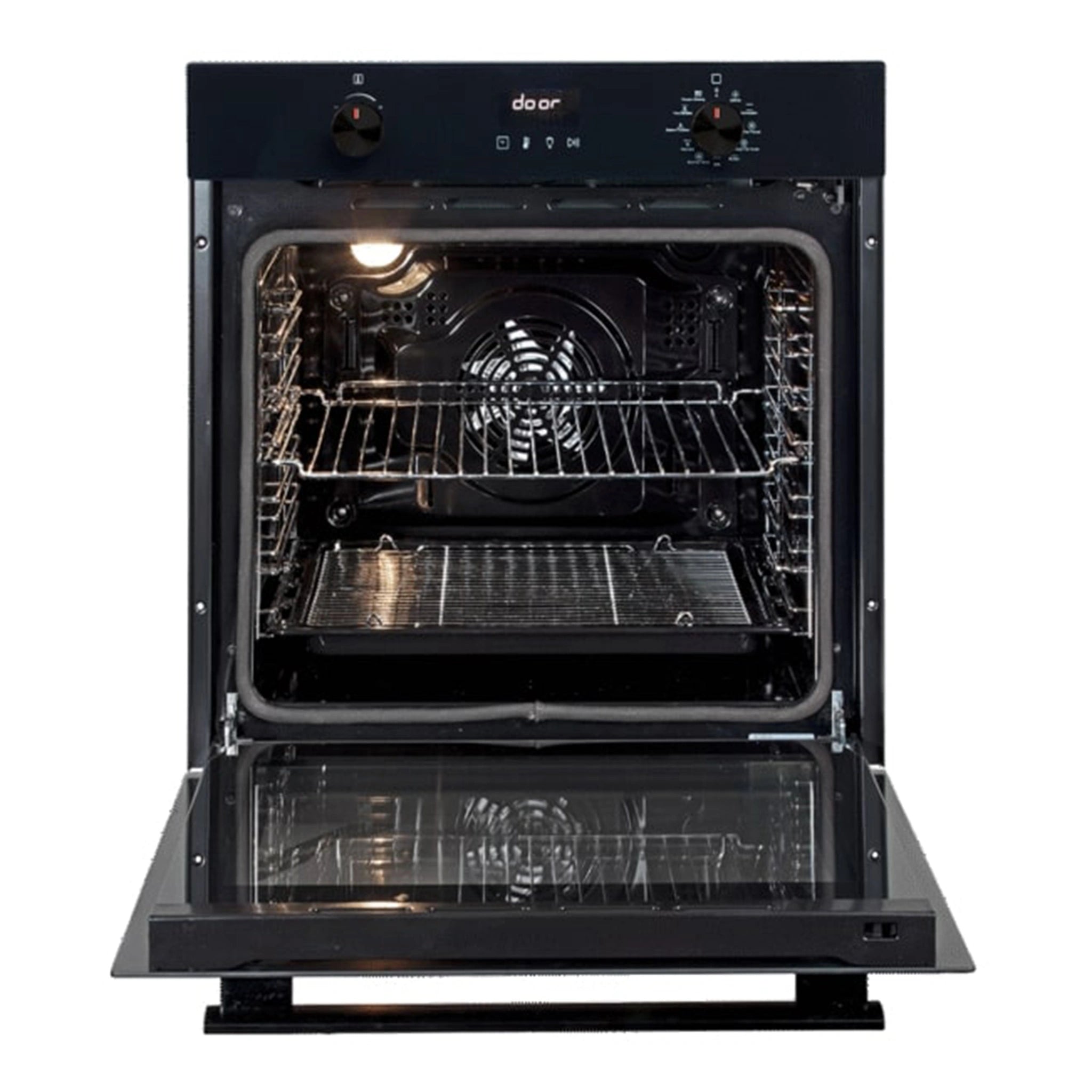Artusi 60cm Black Glass Pyrolytic Oven CAO610BP, Front View With Door Open