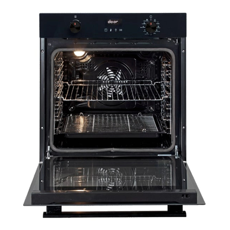 Artusi 60cm Black Glass Pyrolytic Oven CAO610BP, Front View With Door Open
