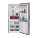 Beko BBM505X 505L Bottom Mount Fridge, Front view with doors open, full of food items, and bottles