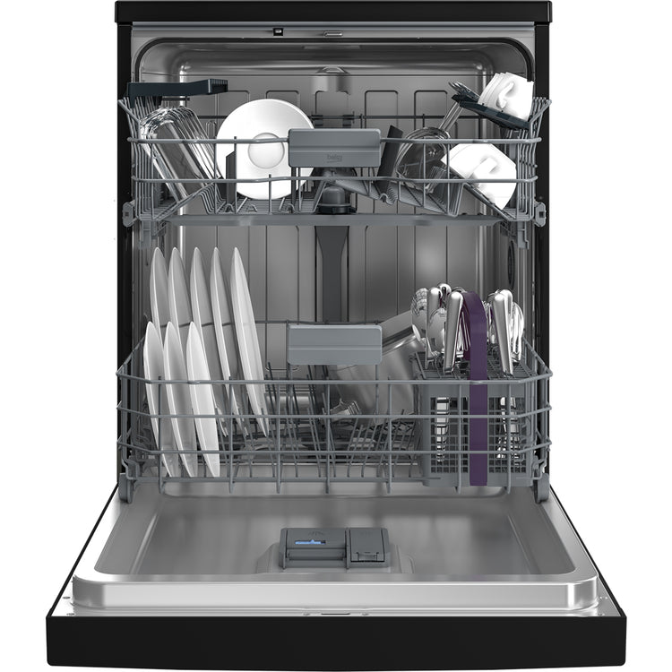 Beko BDFB1430B 14 Place Freestanding Dishwasher Black, Front view, door open with cutleries
