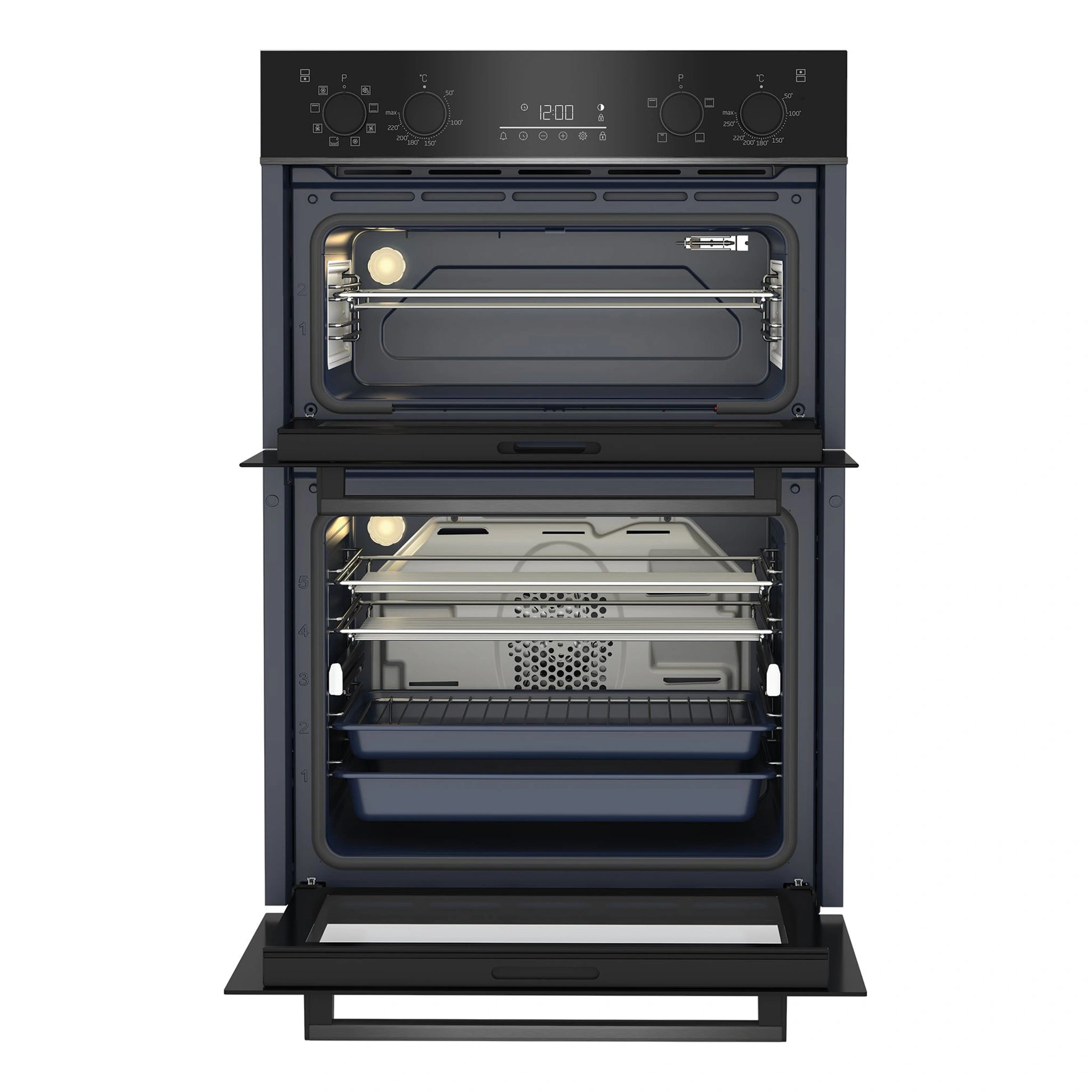 Beko 60 cm Double, 81 L Stainless Steel Built-In Oven BBO6811DDX, Front Double Door Open View