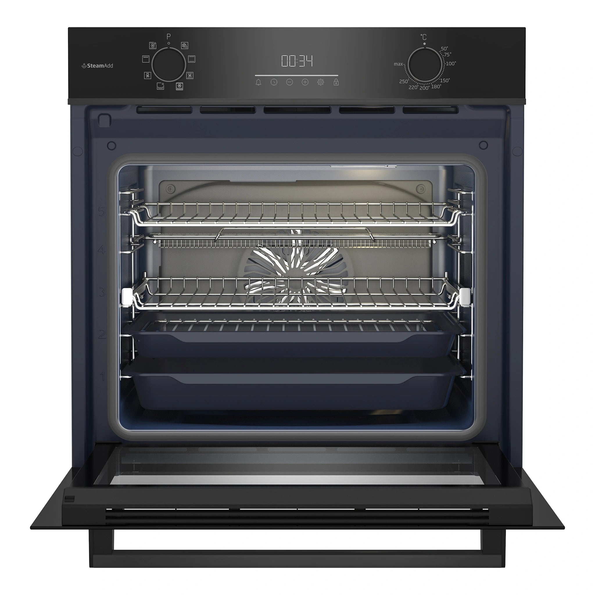 Beko 60cm Multifunction Oven with SteamAdd and Airfry BBO6851MDX, Front View With Door Open