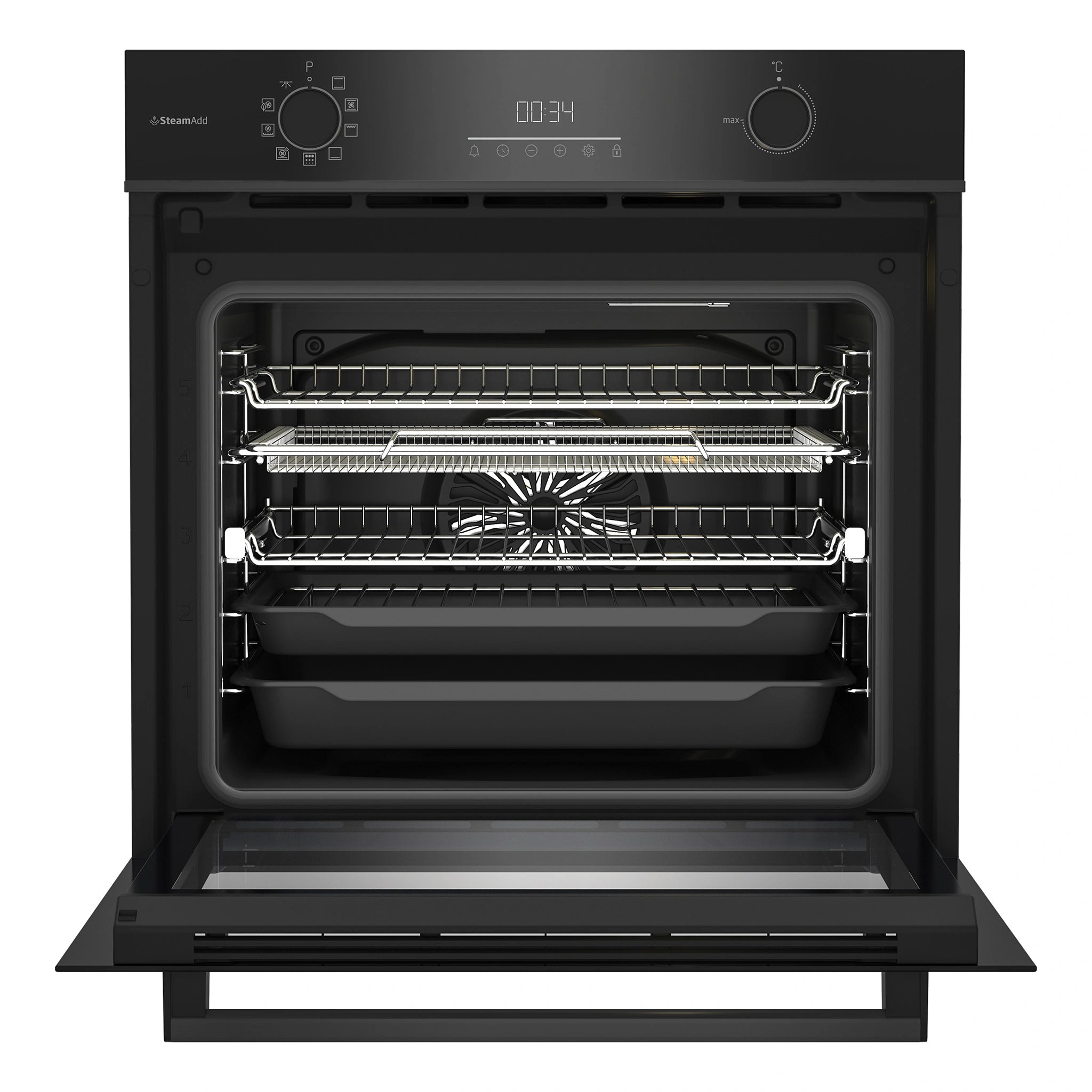 Beko Aero Perfect Built-In Oven 60cm with Air Fry, Steam Add & Pyrolytic Cleaning BBO6851PDX1, Front View With Door Open