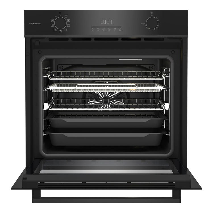 Beko Aero Perfect Built-In Oven 60cm with Air Fry, Steam Add & Pyrolytic Cleaning BBO6851PDX1, Front View With Door Open