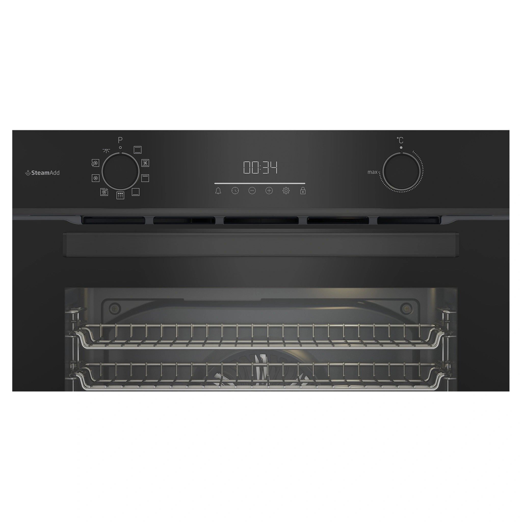 Beko 60cm Pyrolytic Multifunction Oven with Steam Add and Air Fry BBO6851PDX, Control Panel View