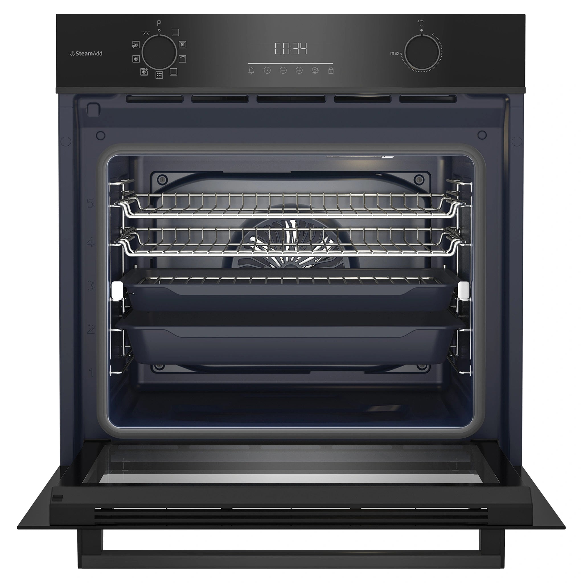 Beko 60cm Pyrolytic Multifunction Oven with Steam Add and Air Fry BBO6851PDX, Door Open View