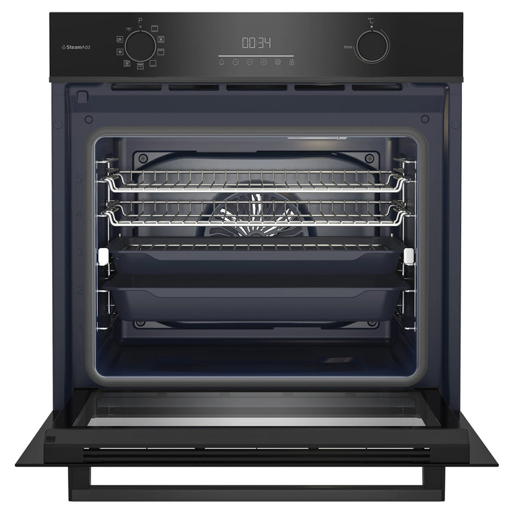 Beko 60cm Pyrolytic Multifunction Oven with Steam Add and Air Fry BBO6851PDX, Door Open View