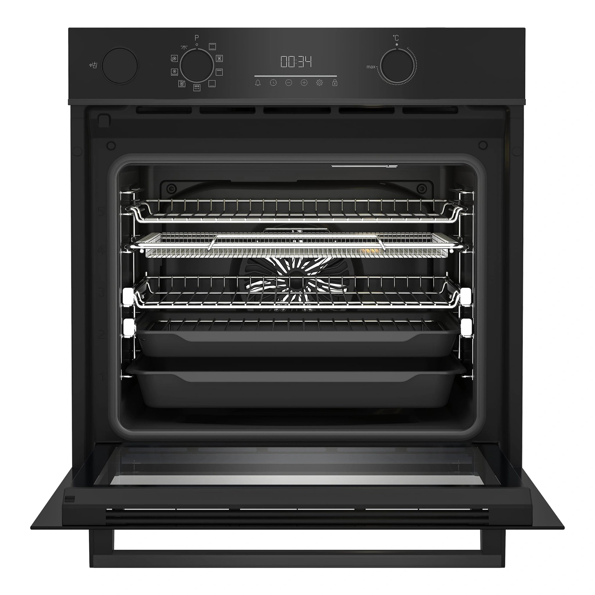 Beko 60cm Built-In Oven with Airfry Steam Assist &amp; Pyrolytic Cleaning BBO6851PSDX, Front View With Door Open