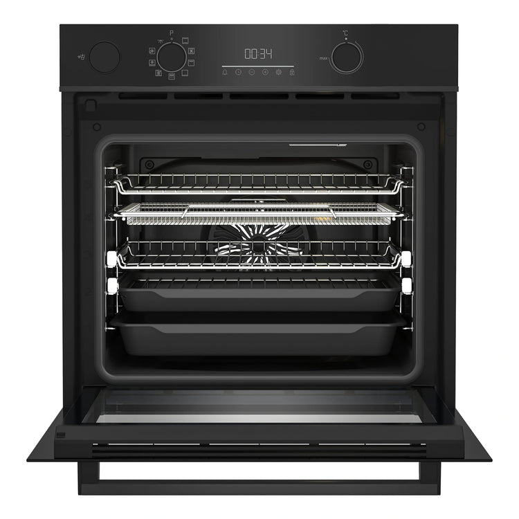 Beko 60cm Built-In Oven with Airfry Steam Assist &amp; Pyrolytic Cleaning BBO6851PSDX, Front View With Door Open