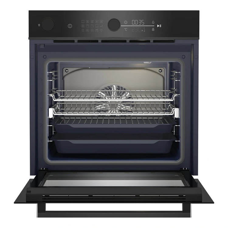 Beko 60cm Multi Function Steam Assisted Black BBO6852SDX, Front View With Door Open