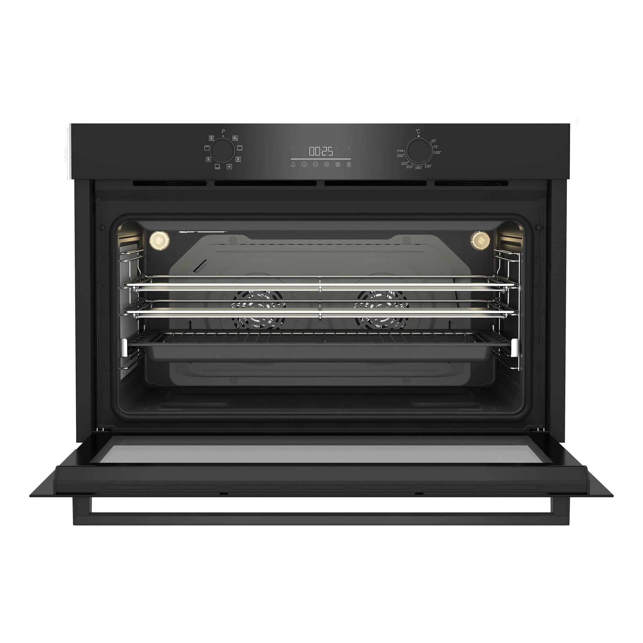 Beko 90cm Twin Fan Multifunction Built-in Oven BBO91271MDX, Front View with Door Open