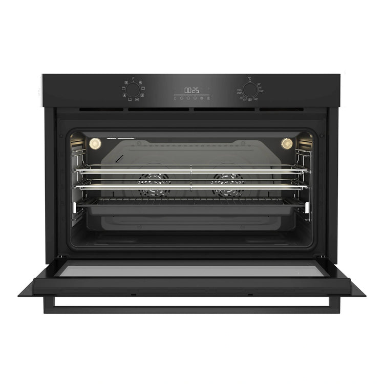 Beko 90cm Twin Fan Multifunction Built-in Oven BBO91271MDX, Front View with Door Open