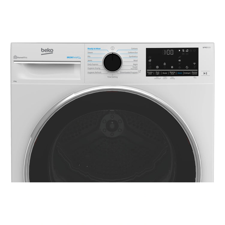 Beko 8kg Heat Pump Tumble Dryer with Steam & Wi-Fi – White BDPB802SW, Control Panel View 2