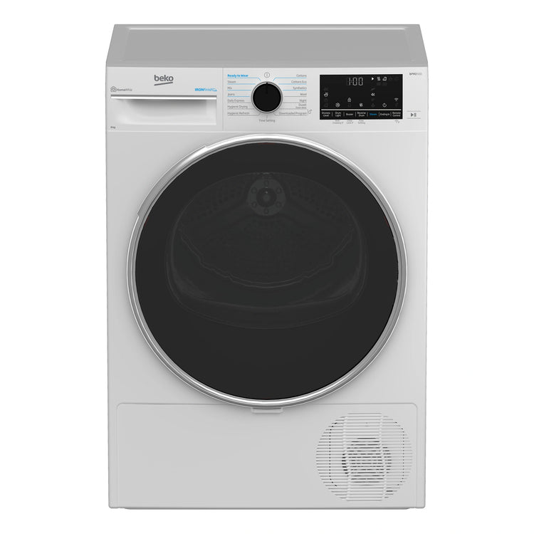 Beko 8kg Heat Pump Tumble Dryer with Steam & Wi-Fi – White BDPB802SW, Front View