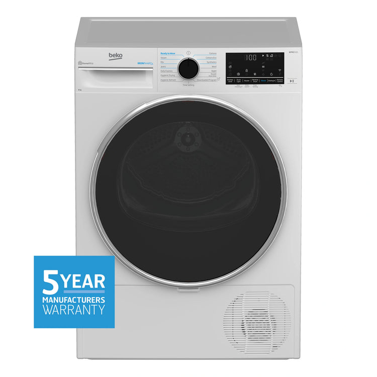 Beko 8kg Heat Pump Tumble Dryer with Steam & Wi-Fi – White BDPB802SW, Front View 2