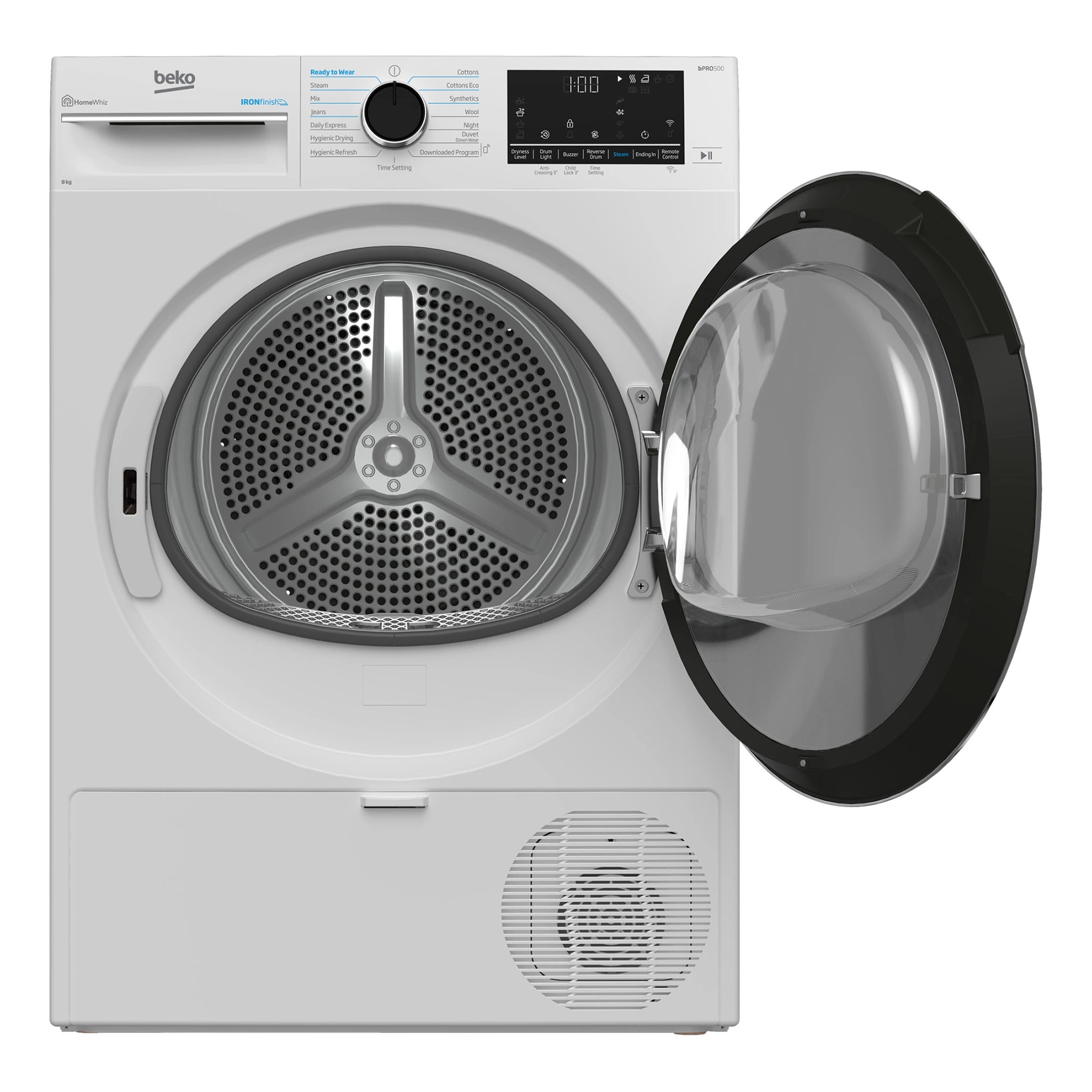 Beko 8kg Heat Pump Tumble Dryer with Steam & Wi-Fi – White BDPB802SW, Front View With Door Open