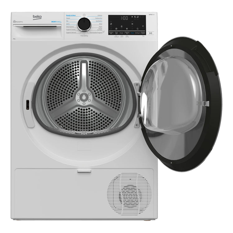 Beko 8kg Heat Pump Tumble Dryer with Steam & Wi-Fi – White BDPB802SW, Front View With Door Open