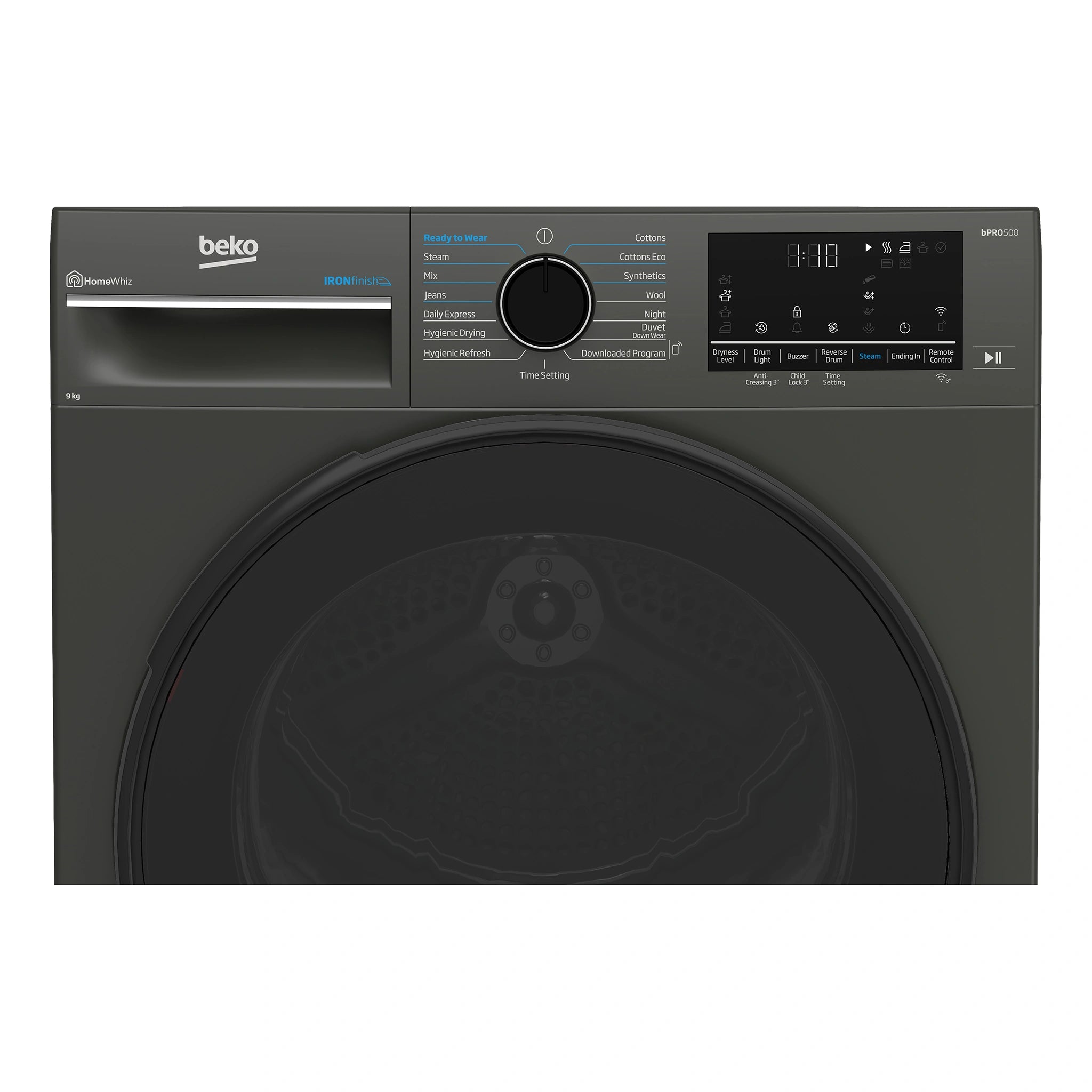 Beko 9kg Graphite Heat Pump Dryer with Steam & WiFi BDPB903SG, Close-Up View