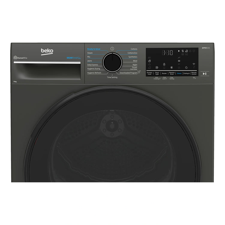 Beko 9kg Graphite Heat Pump Dryer with Steam & WiFi BDPB903SG, Close-Up View