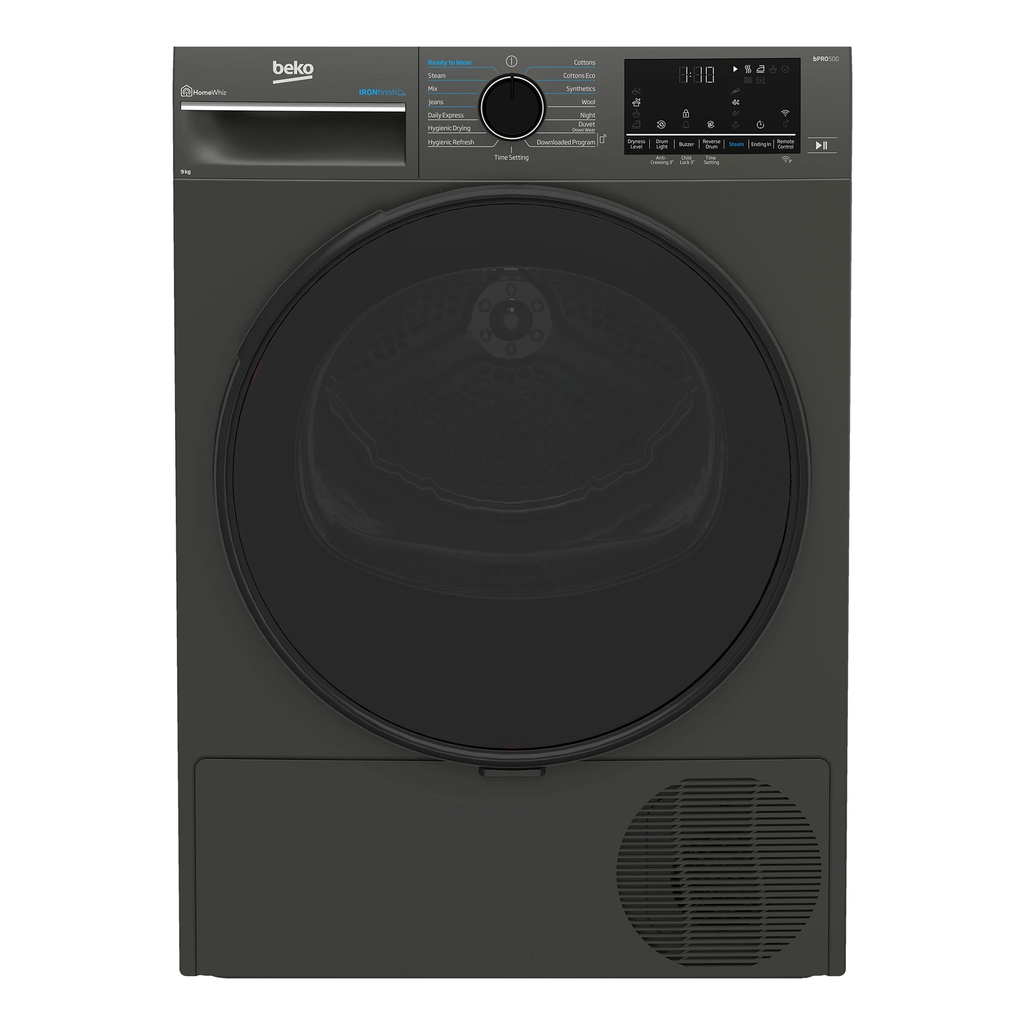 Beko 9kg Graphite Heat Pump Dryer with Steam & WiFi BDPB903SG, Front View