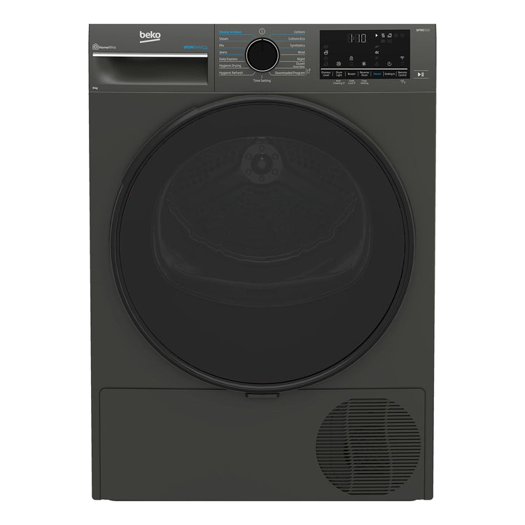 Beko 9kg Graphite Heat Pump Dryer with Steam & WiFi BDPB903SG, Front View