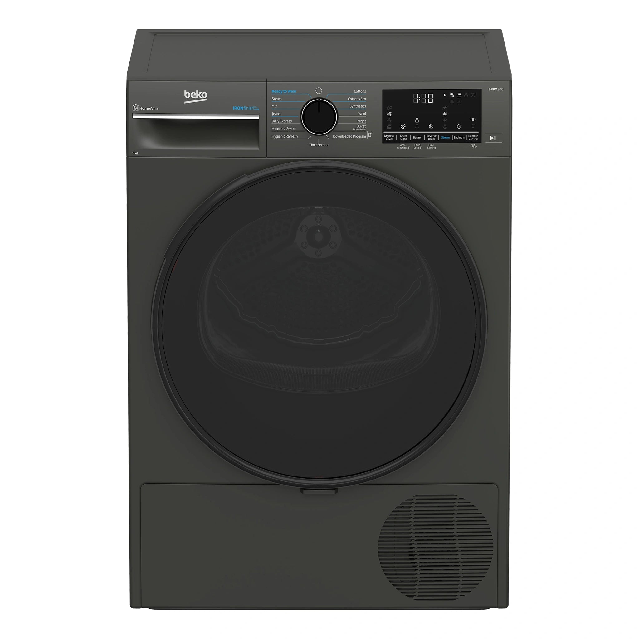 Beko 9kg Graphite Heat Pump Dryer with Steam & WiFi BDPB903SG, Front View