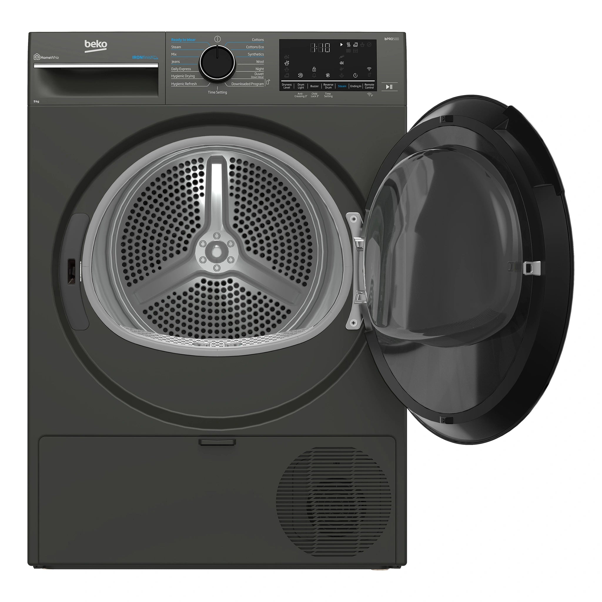 Beko 9kg Graphite Heat Pump Dryer with Steam & WiFi BDPB903SG, Front View with Door Open