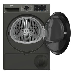 Beko 9kg Graphite Heat Pump Dryer with Steam & WiFi BDPB903SG, Front View with Door Open