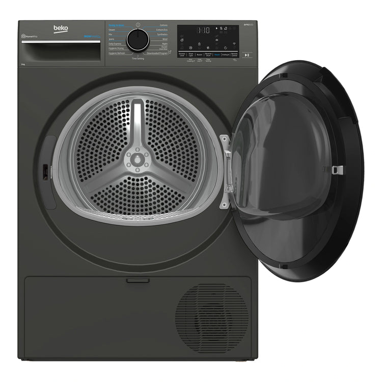 Beko 9kg Graphite Heat Pump Dryer with Steam & WiFi BDPB903SG, Front View with Door Open