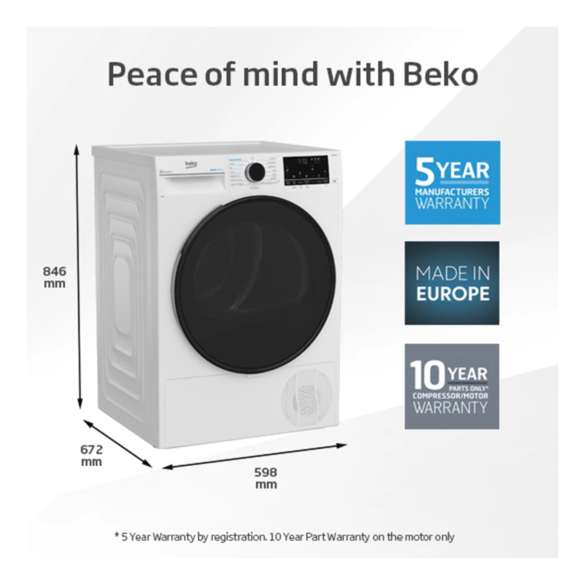 Beko 9kg White Heat Pump Dryer with Steam & WiFi BDPB903SW, Dimensions View