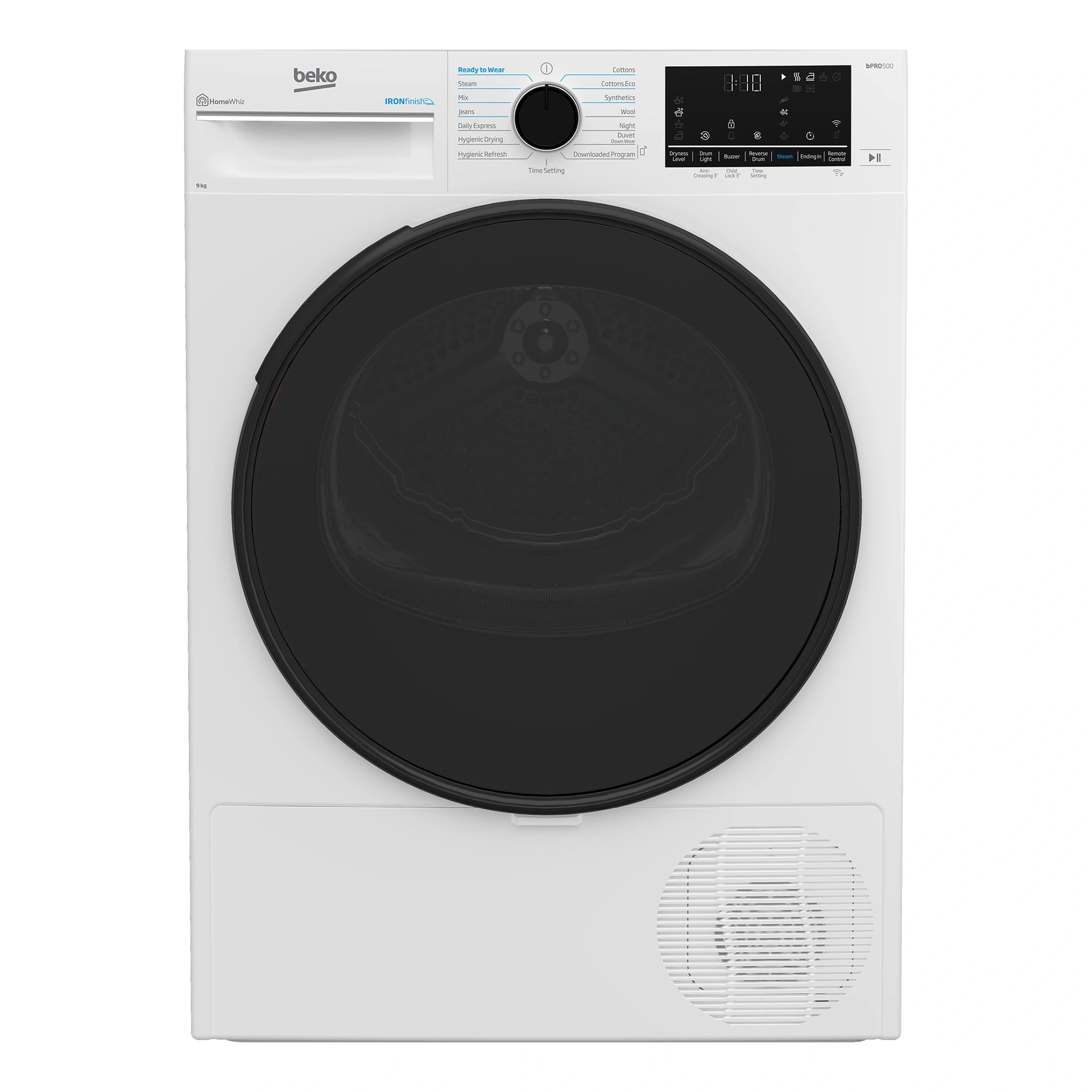 Beko 9kg White Heat Pump Dryer with Steam & WiFi BDPB903SW, Front View
