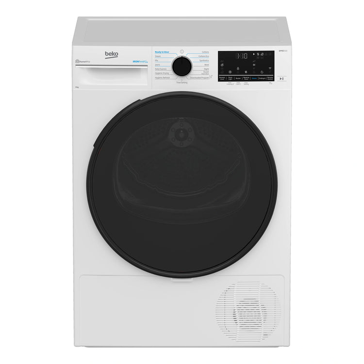 Beko 9kg White Heat Pump Dryer with Steam & WiFi BDPB903SW, Front View