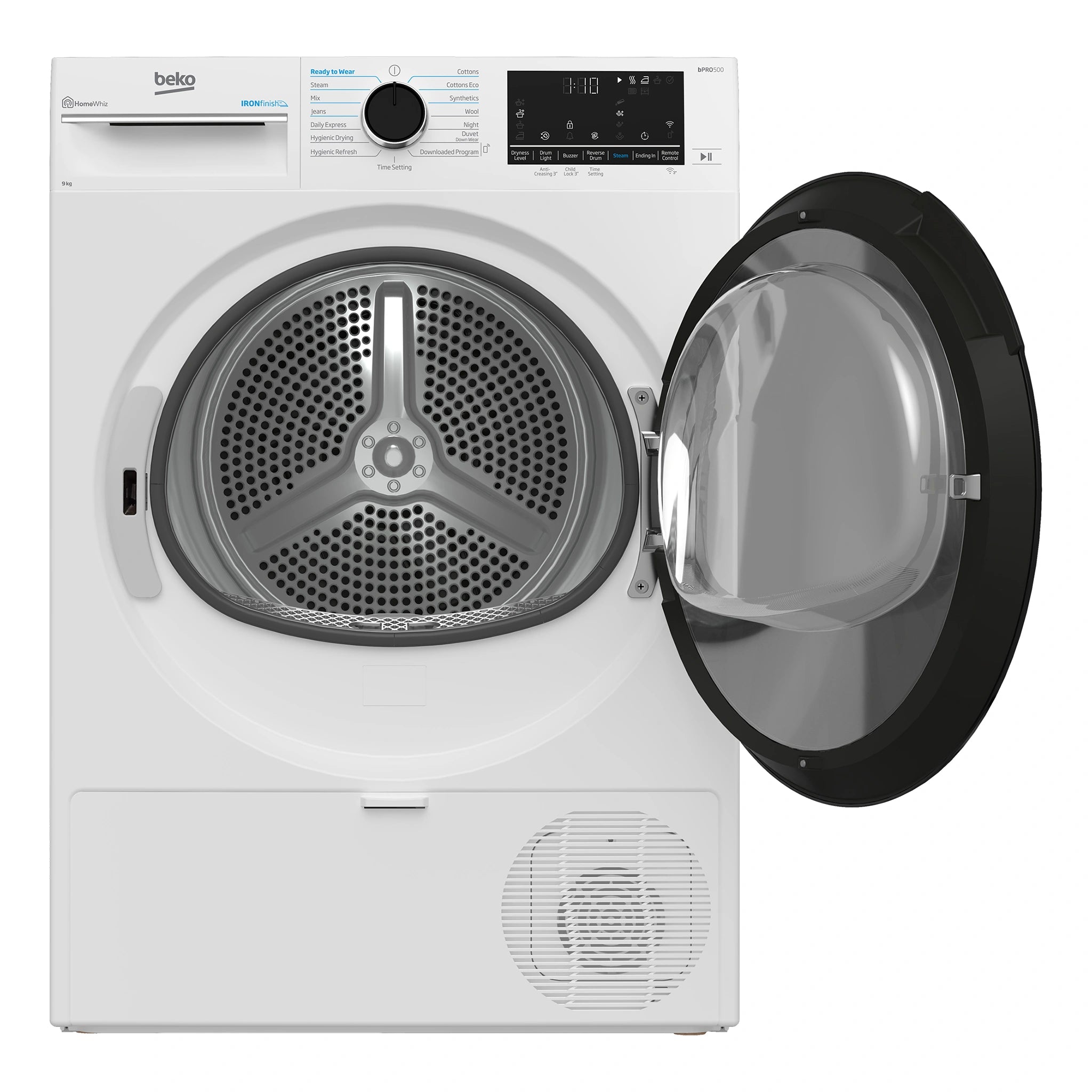 Beko 9kg White Heat Pump Dryer with Steam & WiFi BDPB903SW, Front View with Door Open