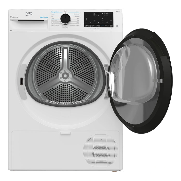 Beko 9kg White Heat Pump Dryer with Steam & WiFi BDPB903SW, Front View with Door Open