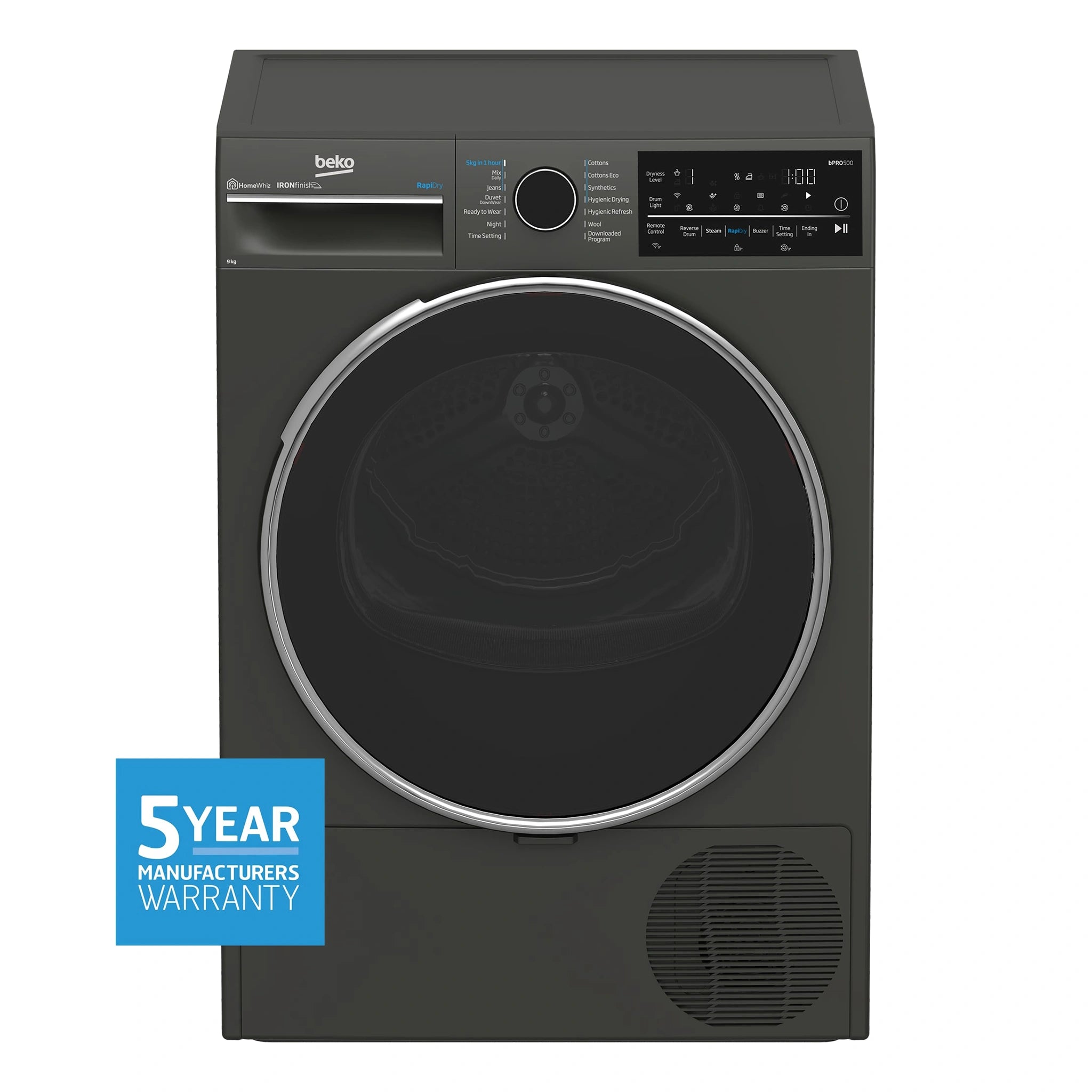 Beko 9 kg Hybrid Heat Pump with Steam & Wi-Fi BDPB904HG, Front View 2