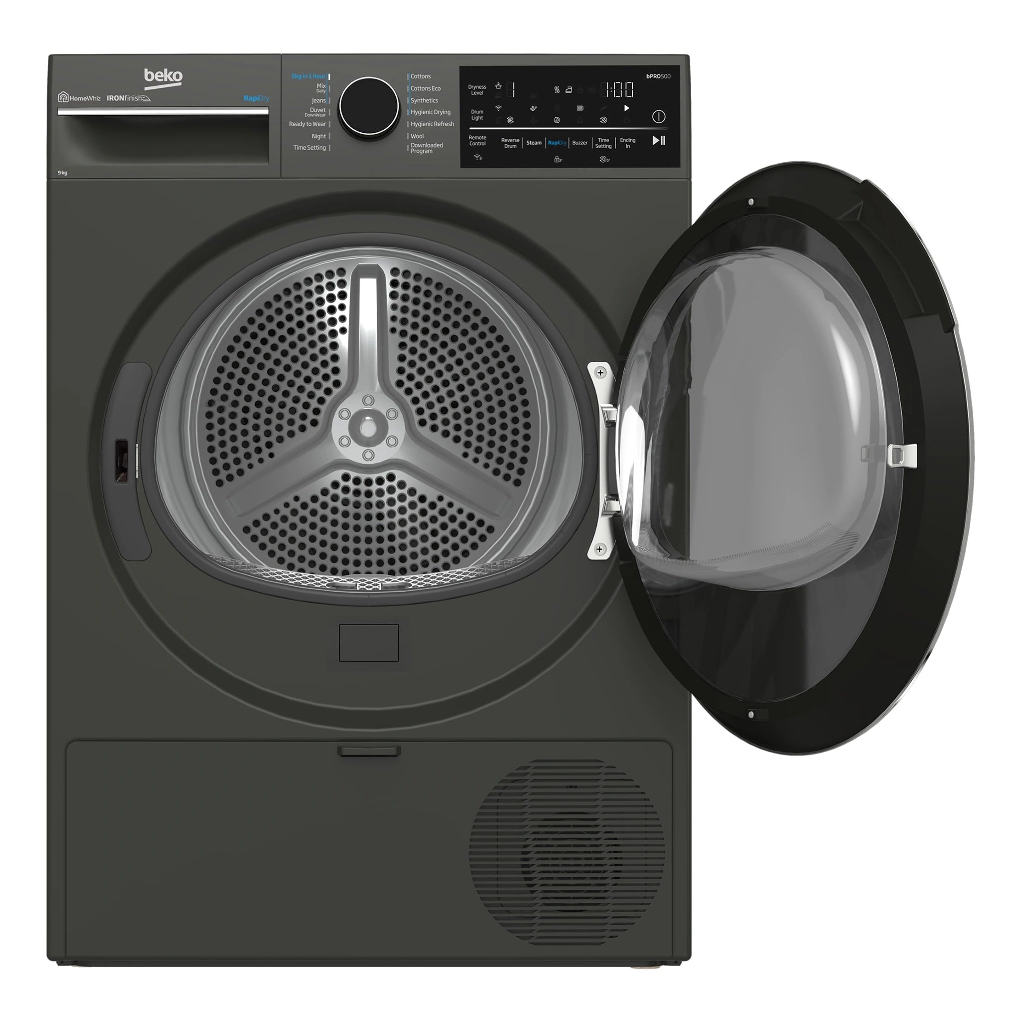 Beko 9 kg Hybrid Heat Pump with Steam & Wi-Fi BDPB904HG, Front View With Door Open