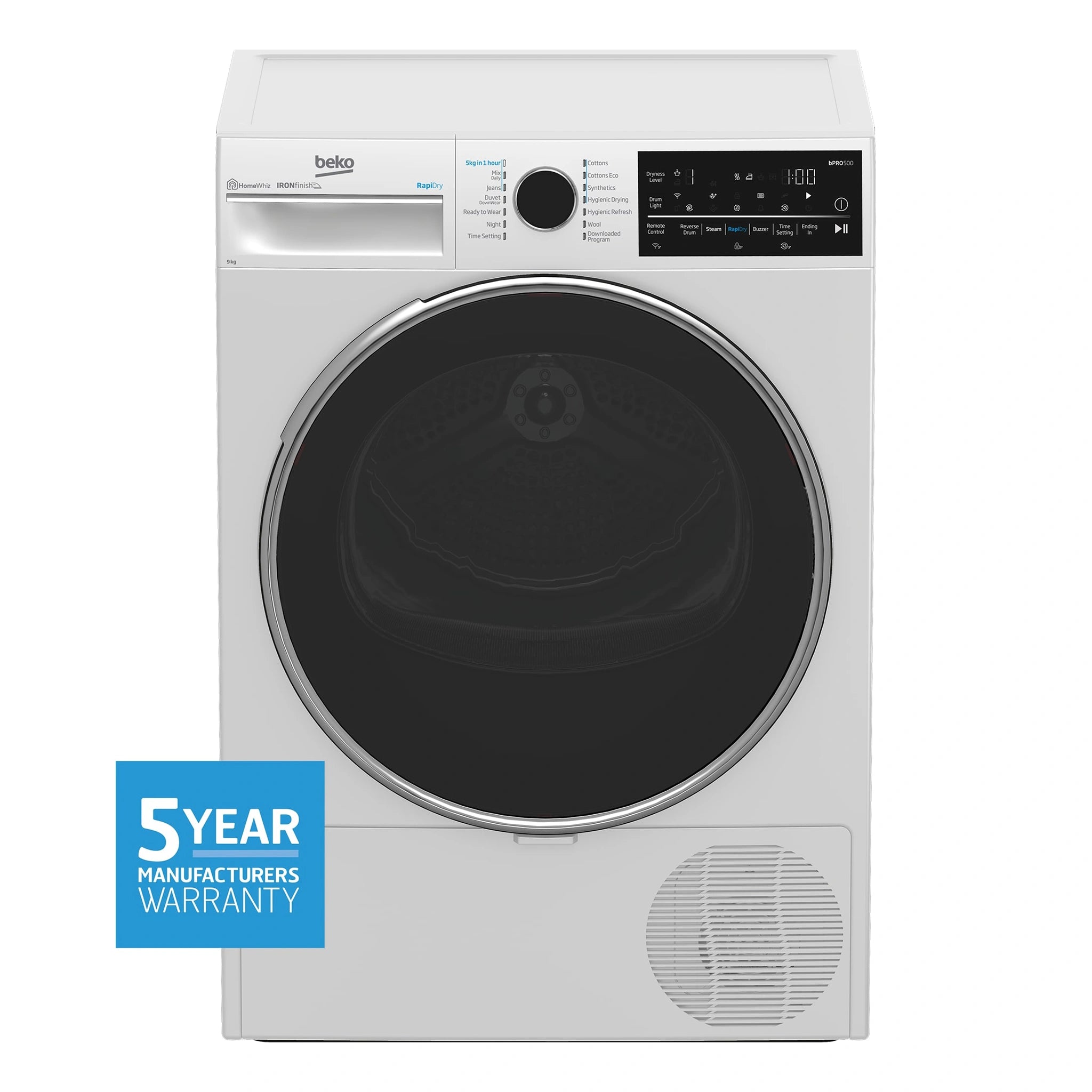 Beko 9 kg Hybrid Heat Pump with Steam & Wi-Fi BDPB904HW, Front View 2