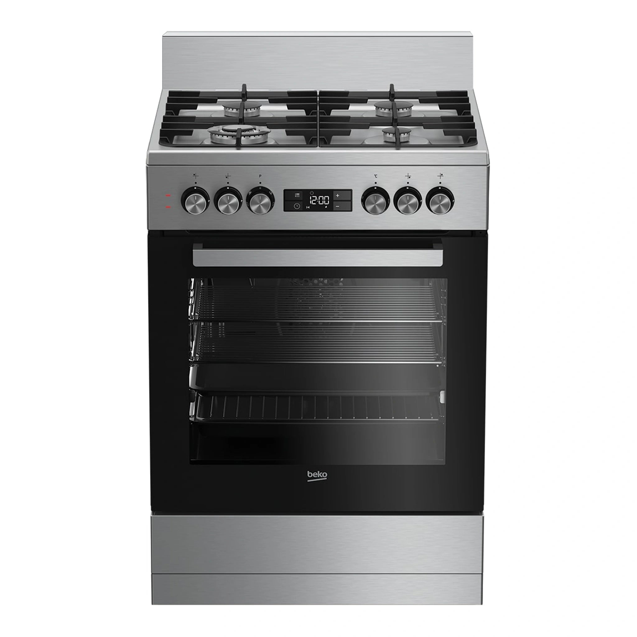 Beko 60cm Dual Fuel Stainless Steel Freestanding Oven BFC60GMX, Front View