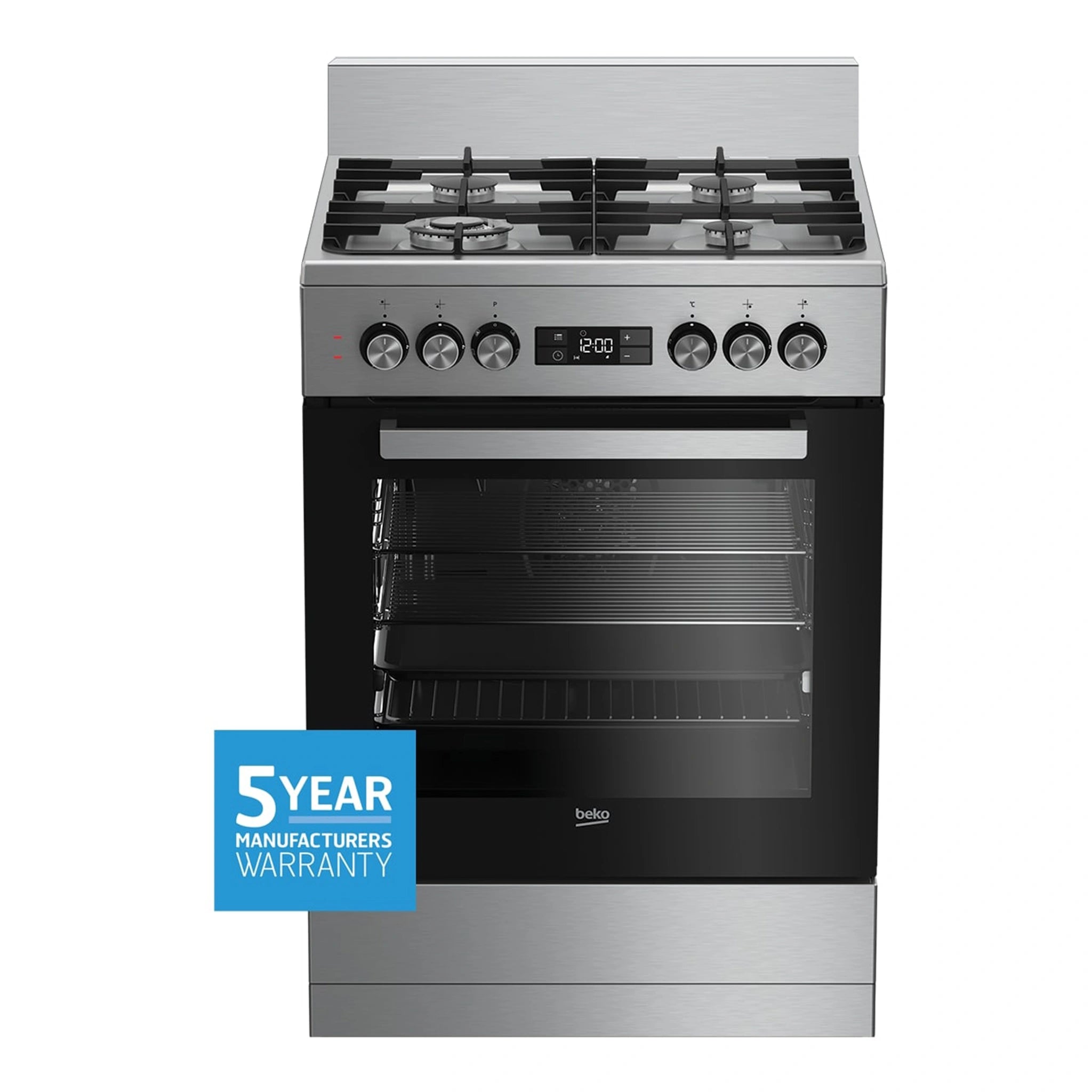 Beko 60cm Dual Fuel Stainless Steel Freestanding Oven BFC60GMX, Front View 2