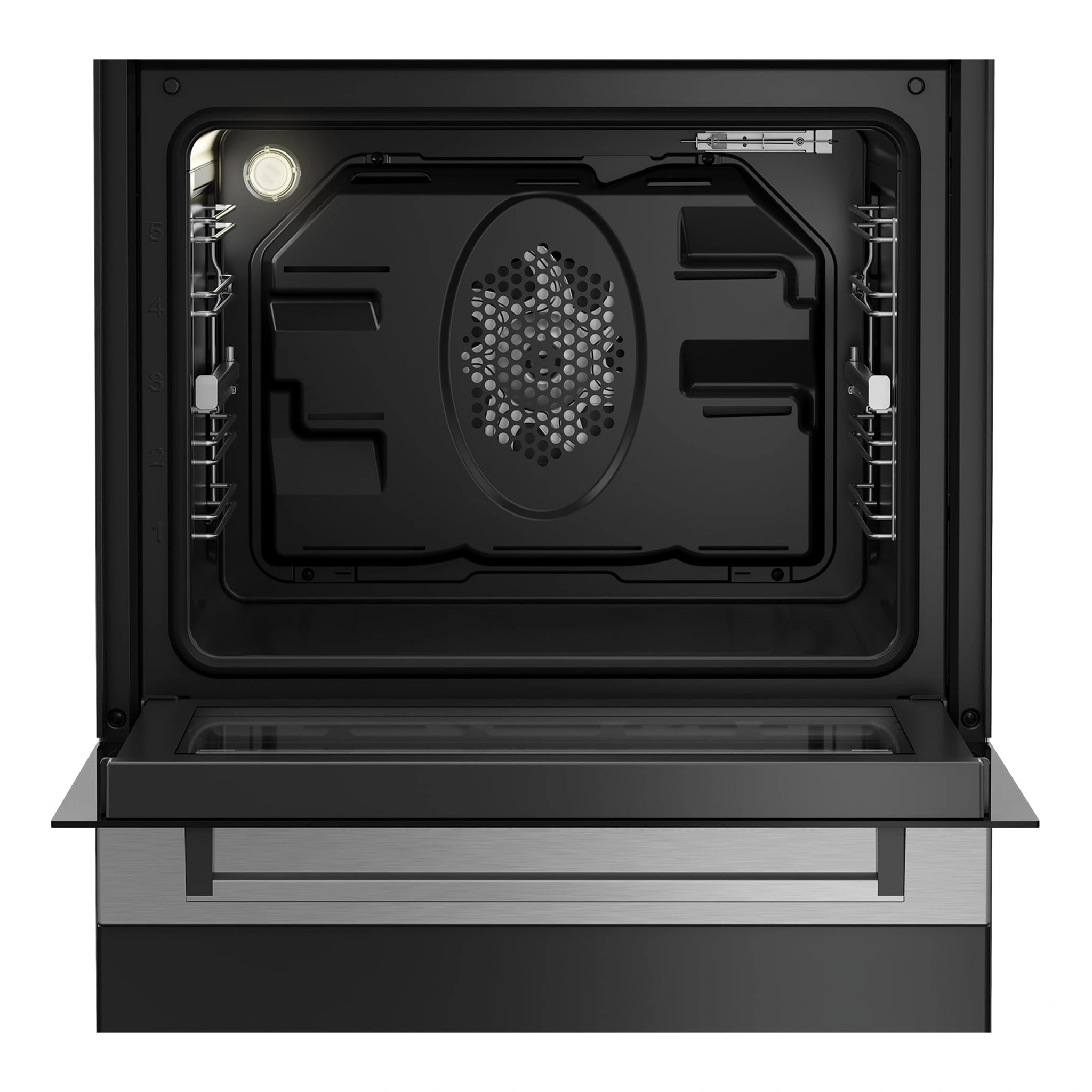 Beko 60cm Dual Fuel Stainless Steel Freestanding Oven BFC60GMX, Front View With Door Open