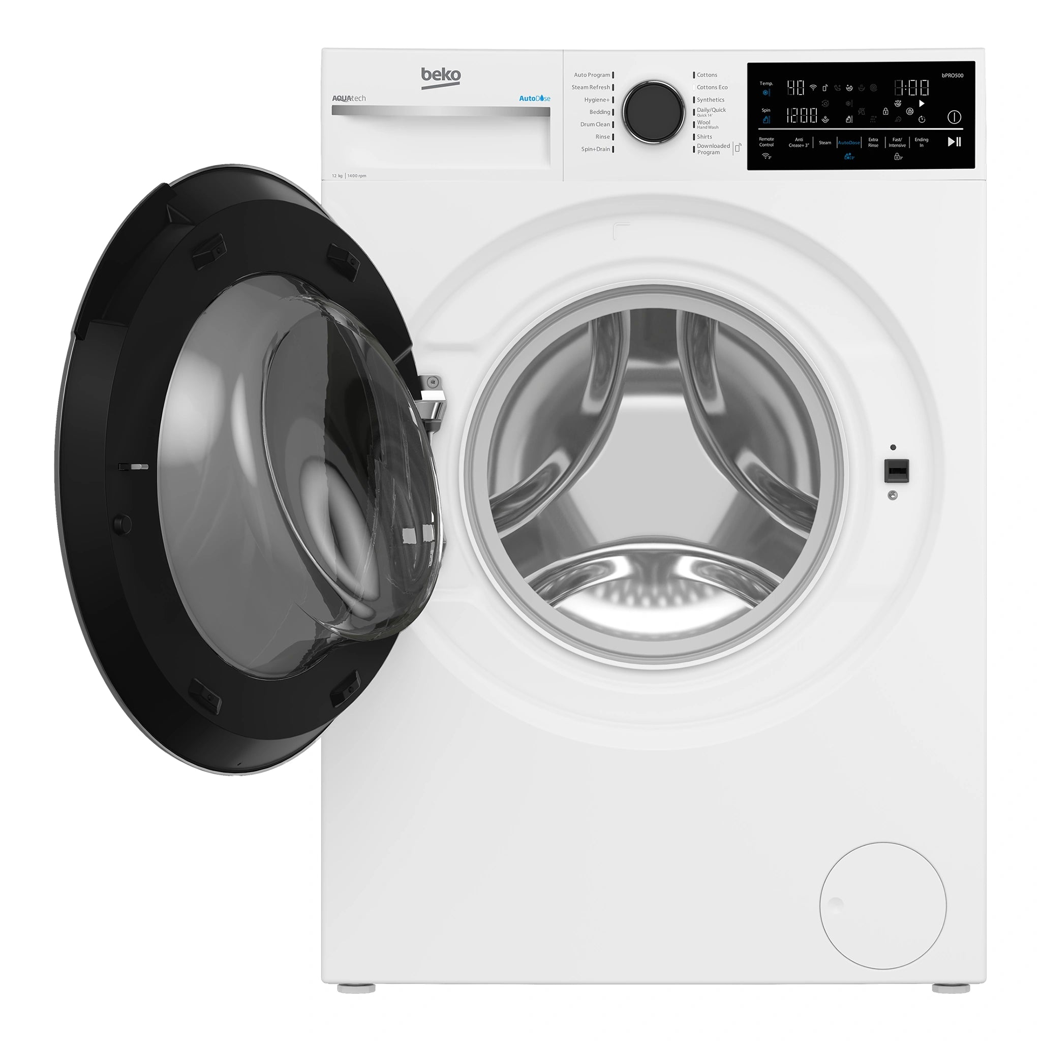Beko 12 kg AutoDose Washing Machine with Steam and wifi BFLB124ADW, Front View with Door Open