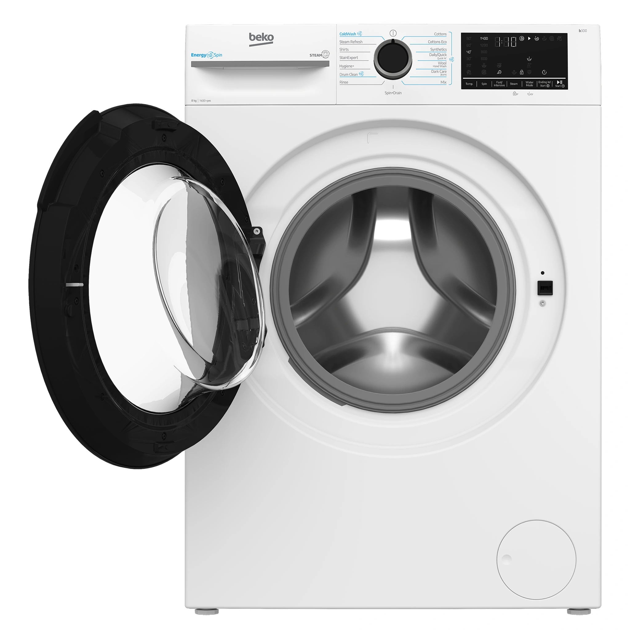 Beko 8kg EnergySpin Front Load Washing Machine with Steam BFLB8010W, Front Open Door View