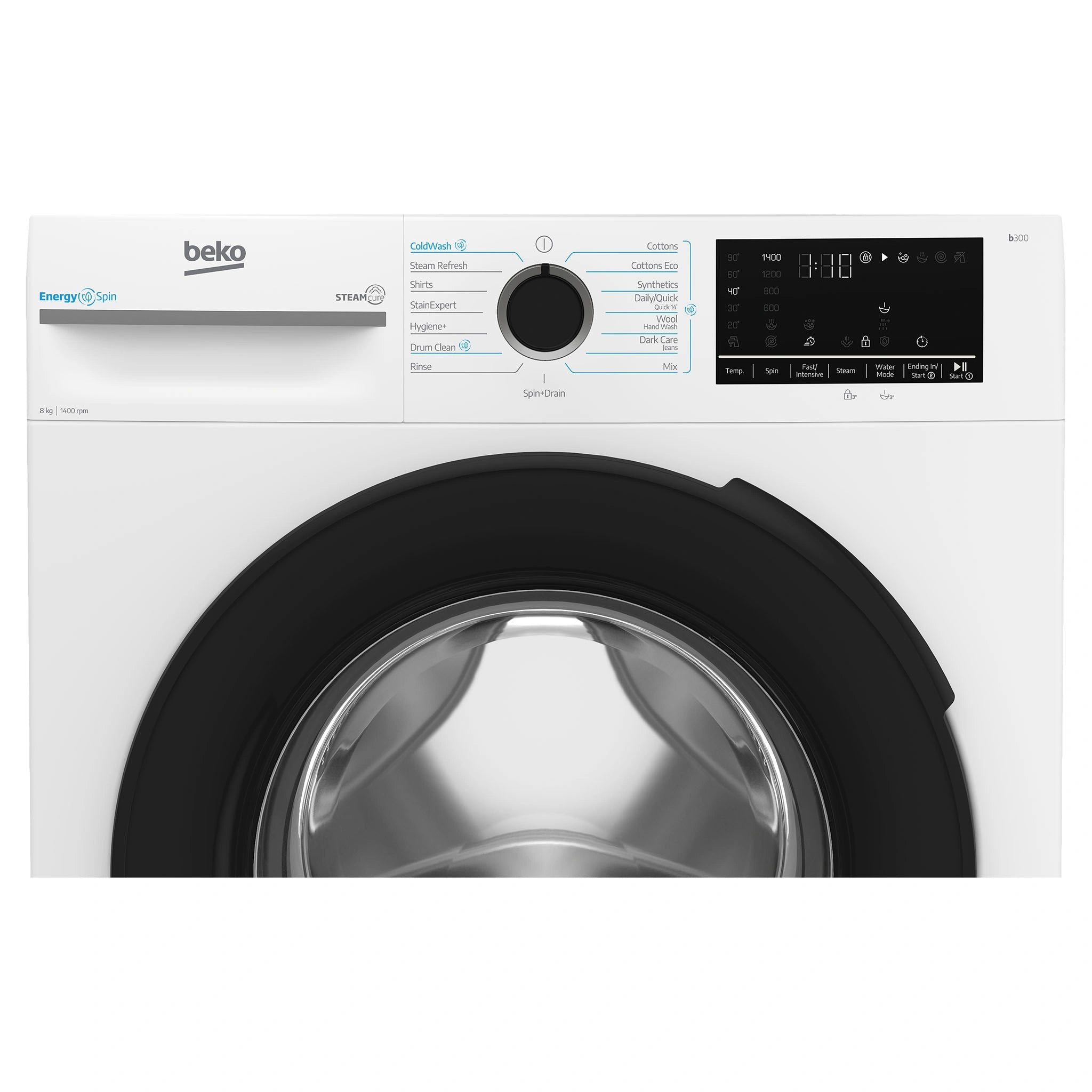 Beko 8kg EnergySpin Front Load Washing Machine with Steam BFLB8010W, Front Program Feature View