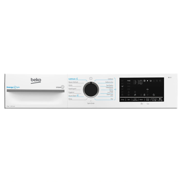 Beko 8kg EnergySpin Front Load Washing Machine with Steam BFLB8010W, Panel View