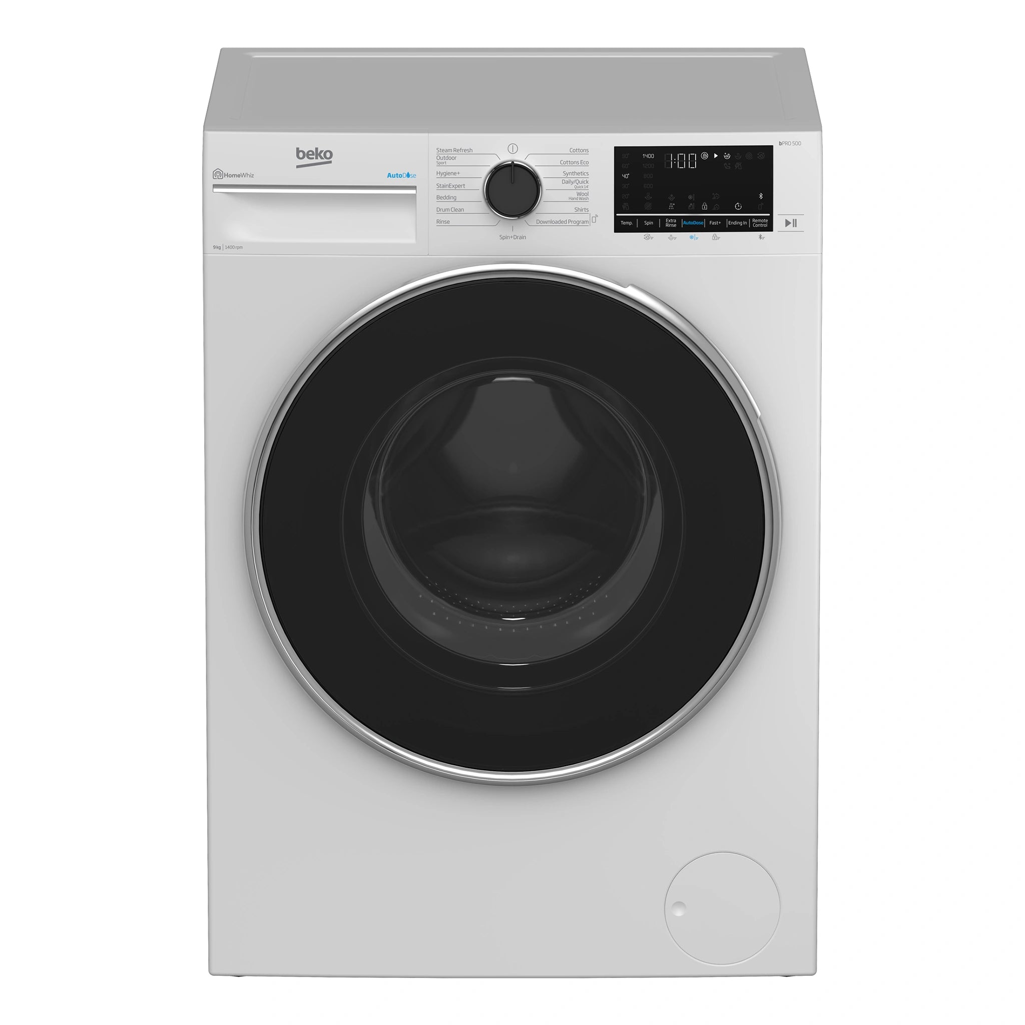 Beko 9 kg Autodose Washing Machine with SteamCure Bluetooth BFLB902ADW, Front View