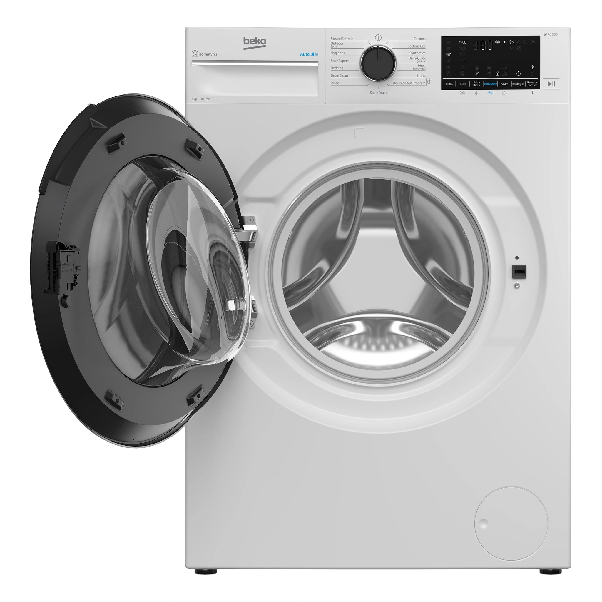 Beko 9 kg Autodose Washing Machine with SteamCure Bluetooth BFLB902ADW, Front View with Door Open