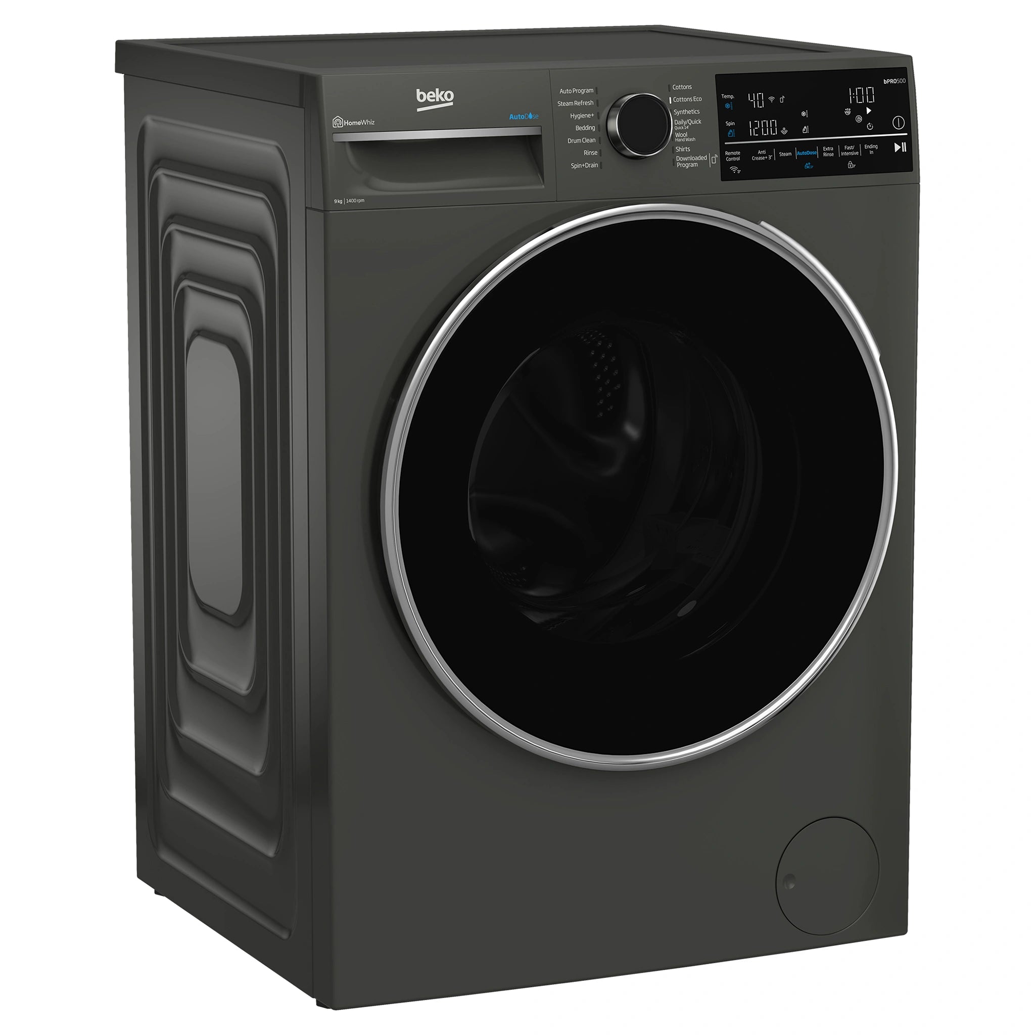Beko 9 kg Autodose Washing Machine with SteamCure & Wifi BFLB904ADG, Side View