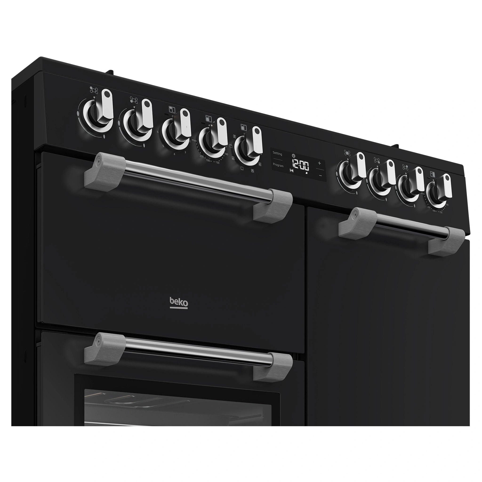 Beko 90cm Multifunction Dual Fuel Anthracite Freestanding Oven BRC916GMAN, Control Panel Close-Up View