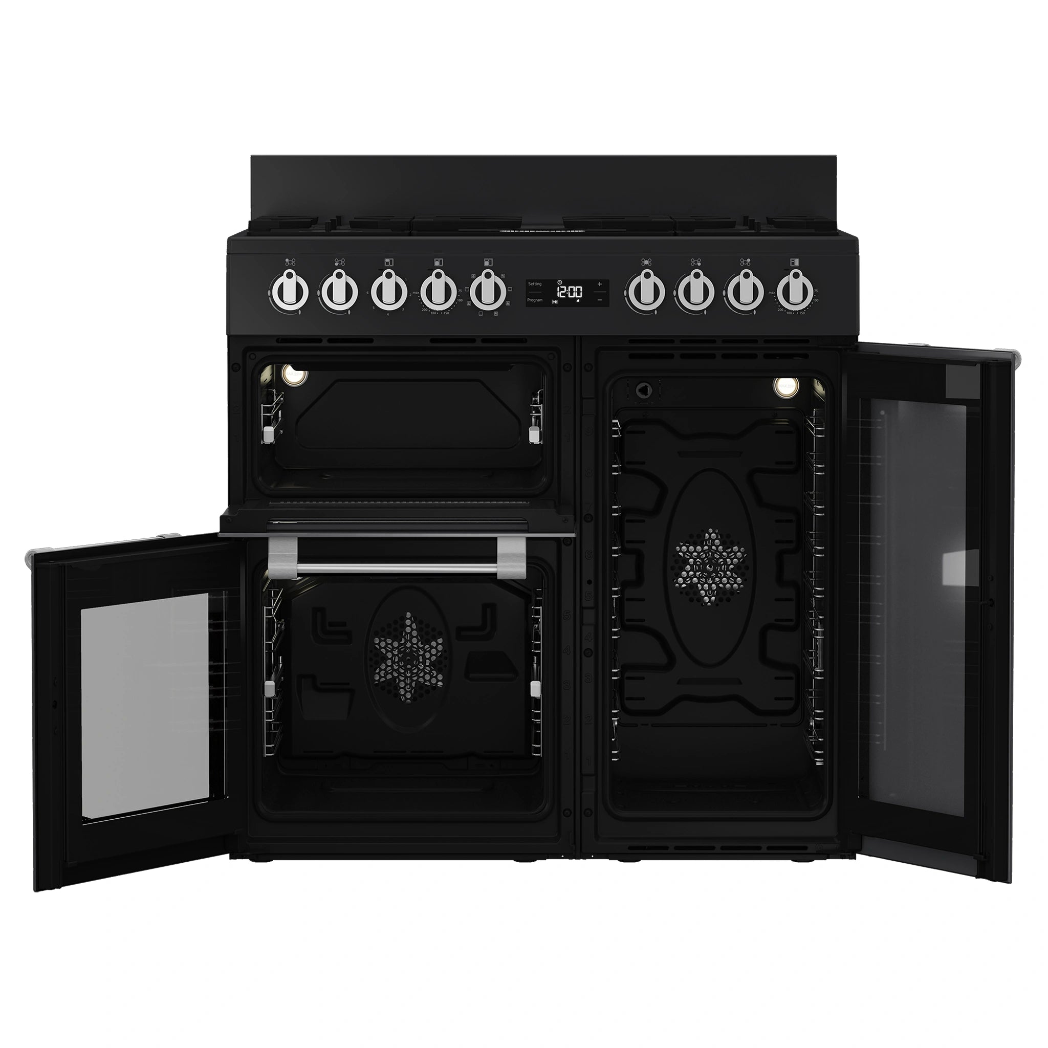Beko 90cm Multifunction Dual Fuel Anthracite Freestanding Oven BRC916GMAN, Front All Doors Open View